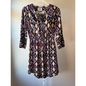 Holding Horses Ikat Print Elastic Waist Button Front‎ Midi Dress Size 4